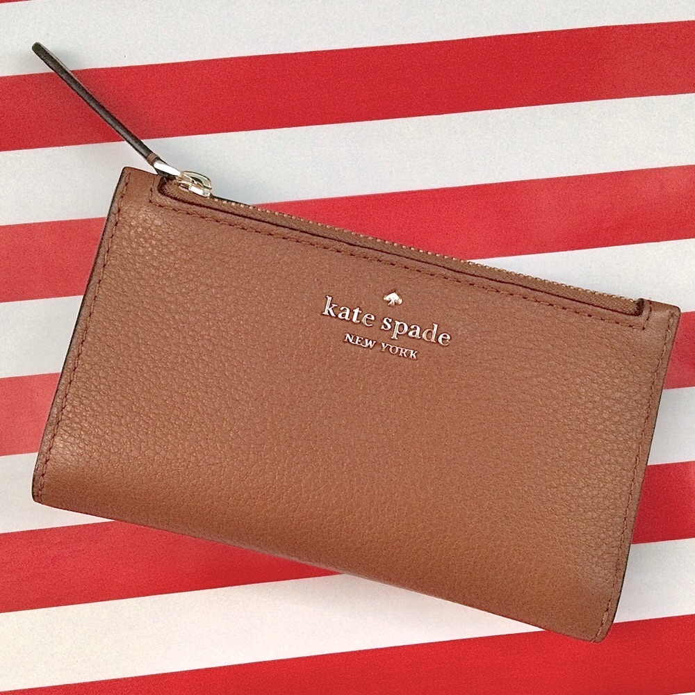 NEW KATE SPADE TAN BEIGE BROWN GINGERBREAD COFFEE WALLET SMALL SLIM BIFOLD NWOT